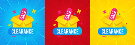Clearance sale banner. Sunburst offer banner, flyer or poster. Discount sticker box. Special offer icon. Clearance sale promo event banner. Starburst pop art coupon. Special deal. Vectorのイラスト素材
