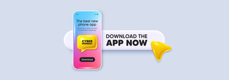 Download the app now. Phone mockup screen. Cyber Monday Sale tag. Special offer price sign. Advertising Discounts symbol. Phone download app search bar. Cyber monday text message. Vectorのイラスト素材
