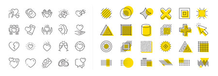 Gift box, Broken heart and Romantic letter. Design shape elements. Love line icons. Wedding rings, glasses with champagne, love heart icons. Happy couple, heart holding, romantic loudspeaker. Vectorのイラスト素材