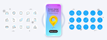 Phone mockup with 3d map pin icon. Discounts chat, Notification bell and Money line icons. Pack of Touchscreen gesture, Chemistry flask, Promotion bell icon. Vectorのイラスト素材