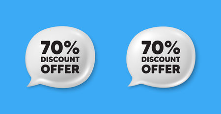 70 percent discount tag. Chat speech bubble 3d icons. Sale offer price sign. Special offer symbol. Discount chat offer. Speech bubble banners set. Text box balloon. Vectorのイラスト素材