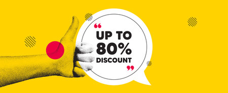 Hand showing thumb up like sign. Up to 80 percent discount. Sale offer price sign. Special offer...