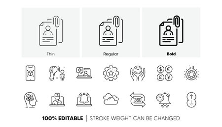360 degree, Reminder and Settings gear line icons. Pack of Swipe up, Electronic thermometer, Telemedicine icon. Gear, Time management, Money currency pictogram. Stress. Line icons. Vectorのイラスト素材