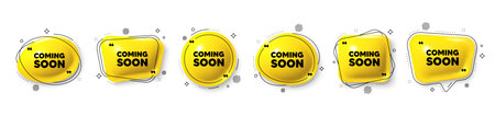 Coming soon tag. Speech bubble 3d icons set. Promotion banner sign. New product release symbol....