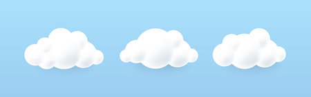White 3d clouds on a blue background. Soft round cartoon fluffy cloudy sky. Cloud 3d icon in the blue sky. Cumulus cartoon sky, fluffy render meteorology shape. Cute weather cotton clouds. Vectorのイラスト素材