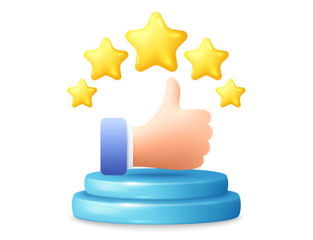 Podium scene with product platform and customer satisfaction icon. Abstract scene banner with 3d pedestal. Product presentation mock up, show product podium, presentation offer platform. Vectorのイラスト素材