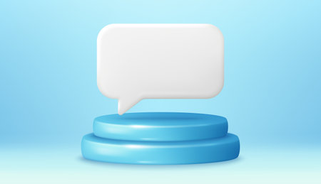Podium scene with product platform and 3d speech bubble. Abstract scene banner with 3d pedestal. Product presentation mock up, show product podium, presentation offer platform. 3d podium stage. Vectorのイラスト素材