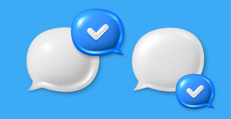 Dialog 3d speech bubble icons. Chat comment icons set. Talk message box with checkmark. Modern realistic 3d design. Support speech bubbles, chat message box. Social media dialog banner. Vectorのイラスト素材