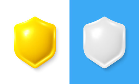 Shield 3d icon set. Yellow security shield symbol. Protection, safety defense, 3d secure. Guarantee safe, protect warranty, certified secure shield. Vector illustrationのイラスト素材