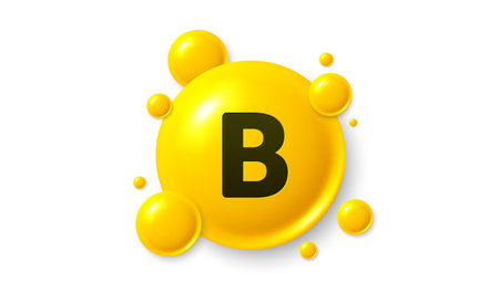 Vitamin B shining pill capsule icon. Shining golden substance drop. Meds ads. Medical nutrition for health. Pharmacy healthcare supplements. Vitamin B medicine. Vector illustration.のイラスト素材