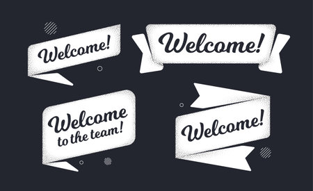 Welcome vintage banner ribbon. Old school flag ribbon banner with text. Welcome message design element with grain dots. Flat design speech bubbles. Vector Illustrationのイラスト素材