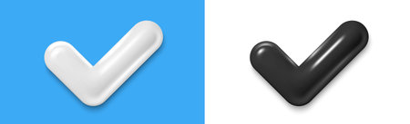 Yes or correct sign 3d illustration. Realistic checkmark icon. Interface check button, correct mark. Approval tick, checkmark and success check. Right choice black icon. Vector illustrationのイラスト素材