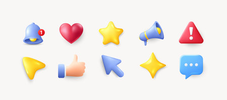 Set of 3d elements. Speaker, heart and star icon. Reminder bell, megaphone and danger alert triangle 3d icons. Mouse cursor, chat speech bubble and thumbs up gesture. Social media 3d elements. Vectorのイラスト素材