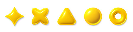 Stars, triangle, circle glossy elements. Set of yellow different 3d shapes. Realistic 3d design cartoon style. Abstract objects for 3d design elements. Yellow golden star. Vector illustrationのイラスト素材