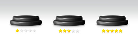 3d podium platform, with star review feedback. Stand to show cosmetic products. Stage showcase on pedestal. Black podium platform with feedback stars. Vector illustrationのイラスト素材