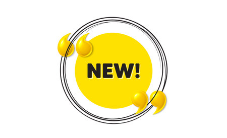 New tag. Hand drawn round frame banner. Special offer sign. New arrival symbol. Arrivals message. 3d quotation yellow banner. Text balloon. Vectorのイラスト素材