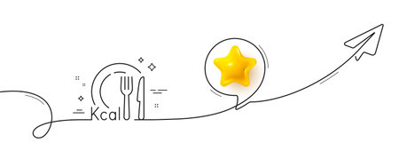 Calories line icon. Continuous line with share plane. Diet kcal sign. Low calorie food symbol. 3d star in speech bubble. Calories single line ribbon. Loop curve pattern. Vectorのイラスト素材