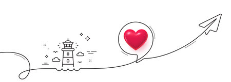 Lighthouse line icon. Continuous line with share plane. Beacon tower sign. Searchlight building symbol. 3d heart in speech bubble. Lighthouse single line ribbon. Loop curve pattern. Vectorのイラスト素材