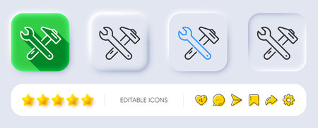 Spanner and hammer line icon. Neumorphic, Flat shadow, 3d buttons. Repair service sign. Fix instruments symbol. Line spanner tool icon. Social media icons. Vectorのイラスト素材