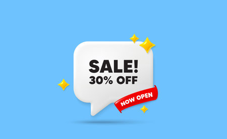 Sale ribbon speech bubble. Now open flag ribbon. Sale 30 percent off discount. Promotion price offer...