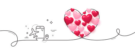 Flights application line icon. Continuous line big heart. Airplane phone app sign. Airport information symbol. 3d hearts in heart shaped loop. Flights application single line ribbon. Vectorのイラスト素材