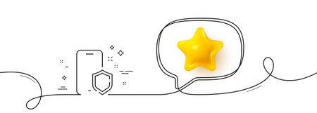 Phone protect line icon. Continuous line with 3d star. Smartphone shield sign. Safe cellphone symbol. 3d star in speech bubble. Phone protect single line ribbon. Loop curve pattern. Vectorのイラスト素材