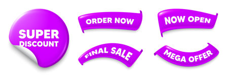 Super discount purple sticker, Sale offer ribbons. Final sale, Order now. Super discount tag. Sale sign. Advertising Discounts symbol. Sticker badge. Flag ribbon banners. Vectorのイラスト素材