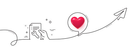 Spanner tool line icon. Continuous line with share plane. Repair service document sign. Fix instruments symbol. 3d heart in speech bubble. Repair document single line ribbon. Vectorのイラスト素材