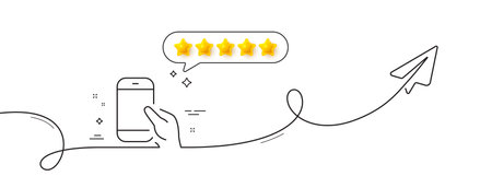 Hold Smartphone icon. Continuous line with share plane. Give Cellphone or Phone sign. Communication Mobile device symbol. Five star rate review in speech bubble. Vectorのイラスト素材