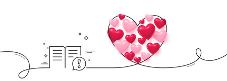 Interesting facts line icon. Continuous line big heart. Exclamation mark sign. Book symbol. 3d hearts in heart shaped loop. Facts single line ribbon. Loop curve pattern. Vectorのイラスト素材