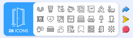 Deluxe mattress, Ice tea and Square area line icons. Interest rate, AI generate, Inflation icons. Pack of Table lamp, Coffeepot, Door icon. Floor plan, Coffee break, Sconce light pictogram. Vectorのイラスト素材
