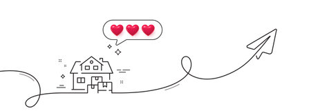 Home moving line icon. Continuous line with share plane. Package delivery sign. House storage symbol. Hearts rate review in speech bubble. Home moving single line ribbon. Loop curve pattern. Vectorのイラスト素材