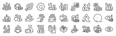 Finance line icons. Settings gear, Message, Inflation icons. Accounting coins, Budget Investment, Trade Strategy icons. Finance management, Budget gain and Business asset. Vectorのイラスト素材
