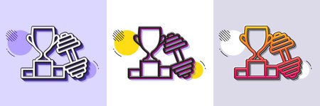 Dumbbell with winner cup line icon. Halftone dotted pattern. Gradient icon with grain shadow. Workout equipment sign. Gym fit symbol. Line dumbbell icon. Various designs. Vectorのイラスト素材