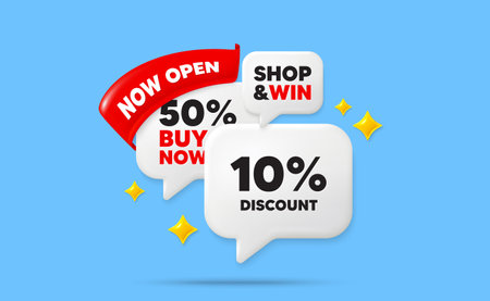 Discount speech bubbles. Now open flag ribbon. 10 percent discount tag. Sale offer price sign. Special offer symbol. Discount chat bubbles with 3d sparkles. Vectorのイラスト素材