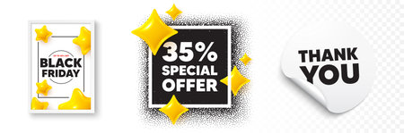 Discount photo frame 3d stars. Thank you sticker banner. 35 percent discount offer tag. Sale price promo sign. Special offer symbol. Black friday poster. Promo background. Vectorのイラスト素材