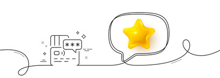 Credit card line icon. Continuous line with 3d star. Bank money payment sign. Password protection symbol. 3d star in speech bubble. Card single line ribbon. Loop curve pattern. Vectorのイラスト素材