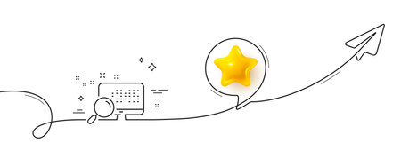 Search in computer line icon. Continuous line with share plane. Find data sign. Magnify glass. 3d star in speech bubble. Search single line ribbon. Loop curve pattern. Vectorのイラスト素材