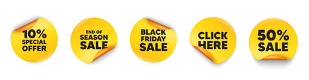 Discount sticker tag. 50 percent discount, Black friday paper price banners. 10 percent discount offer tag. Sale price promo sign. Special offer symbol. Click here sticker. Vectorのイラスト素材