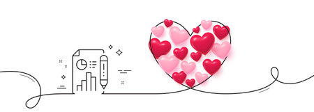 Report document line icon. Continuous line big heart. Column graph sign. Growth diagram, pie chart symbol. 3d hearts in heart shaped loop. Report document single line ribbon. Vectorのイラスト素材