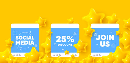 Discount social media post. Join us template mockup. 25 percent discount. Sale offer price sign....