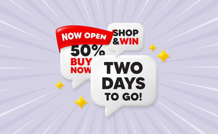 2 days to go speech bubbles. Now open flag ribbon. 2 days to go tag. Special offer price sign....