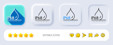 Waterproof line icon. Neumorphic, Flat shadow, 3d buttons. Water resistant ip68 sign. Drop protection symbol. Line waterproof icon. Social media icons. Vectorのイラスト素材