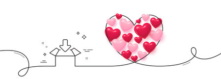 Get box line icon. Continuous line big heart. Open delivery parcel sign. Cargo package symbol. 3d hearts in heart shaped loop. Get box single line ribbon. Loop curve pattern. Vectorのイラスト素材