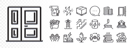 Power, Manual doc and Entrance line icons for web app. Glare of light effect. Message icon. Pack of Buildings, Eco power, Hold box pictogram icons. Vectorのイラスト素材