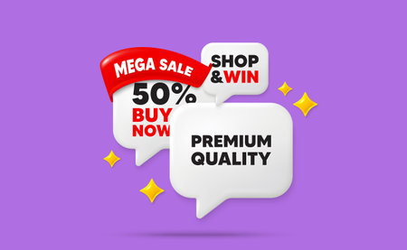 Premium quality speech bubbles. Mega sale flag ribbon. Premium quality tag. High product sign. Top offer symbol. Discount chat bubbles with 3d sparkles. Vectorのイラスト素材