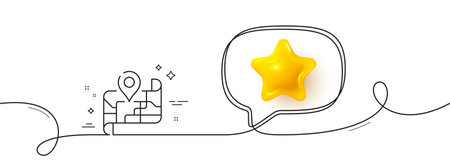 Map line icon. Continuous line with 3d star. Place pin sign. Road trip symbol. 3d star in speech bubble. Map single line ribbon. Loop curve pattern. Vectorのイラスト素材