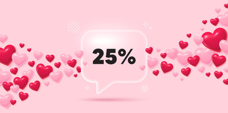 Discount glass speech bubble. 3d hearts pink background. 25 percent off sale tag. Discount offer price sign. Special offer symbol. Valentines day greeting card. Flying hearts. Vectorのイラスト素材