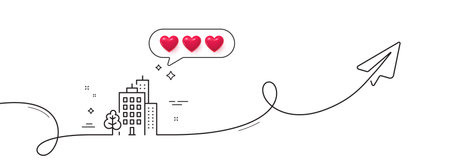 Buildings line icon. Continuous line with share plane. City architecture with tree sign. Skyscraper building symbol. Hearts rate review in speech bubble. Buildings single line ribbon. Vectorのイラスト素材