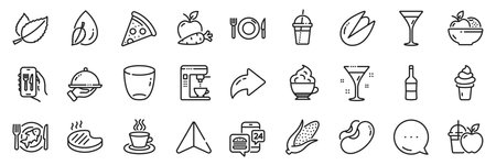 Apple carrot, Restaurant app and Water drop line icons pack. Share, Message, Paper plane icons. Juice, Pistachio nut, Ice cream web icon. Pizza, Mint leaves, Food app pictogram. Vectorのイラスト素材